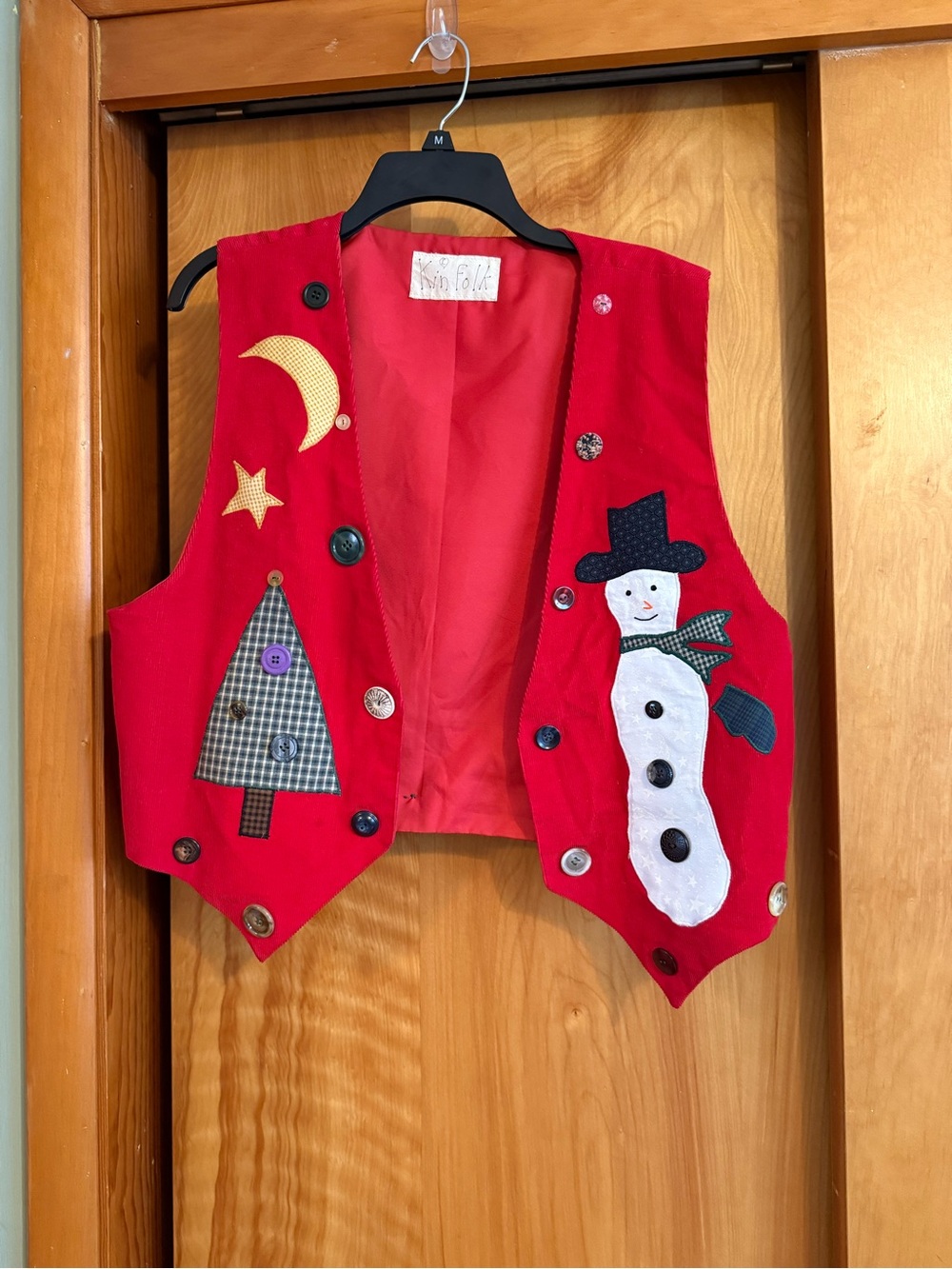 Folk Red Holiday Kids Vest with Snowman & Tree Appliqués